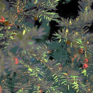 Lit foliage with glowing red and green lights.