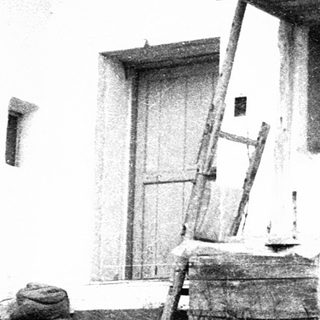Rural woman tending garden near traditional wooden house.