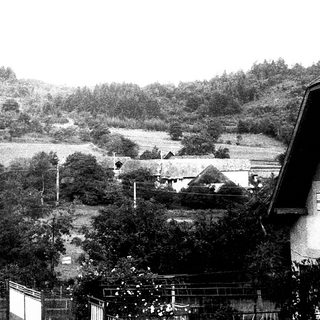 Rural landscape with terraced fields and scattered houses.