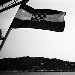 Flag with checkerboard pattern flying near waterfront.