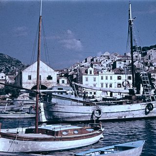 Coastal harbor scene with traditional boats and hillside village.