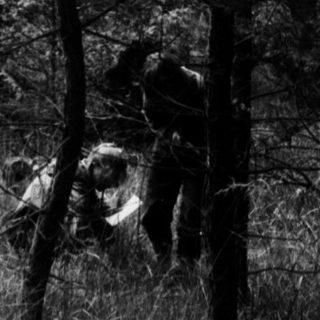 People hiking through a wooded forest trail.
