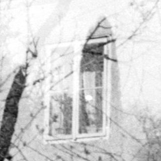 Vintage photograph of bare trees and old building.