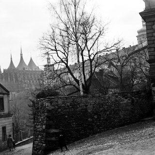 Historic European town with medieval castle ruins.