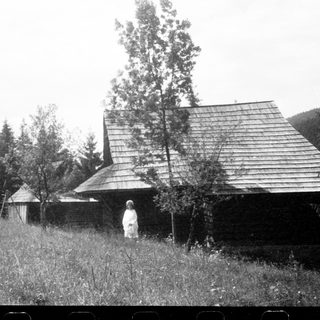 Rural scene with two people near wooden house and forest.