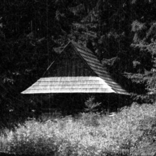 Traditional pavilion nestled in forested area.