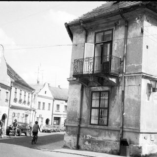Vintage street scene with old European buildings.