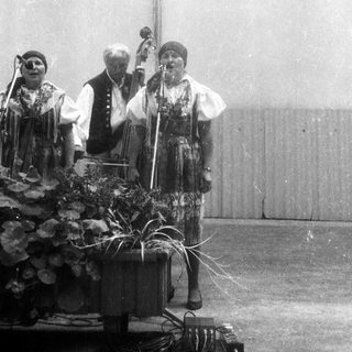 Traditional folk musicians performing with instruments.