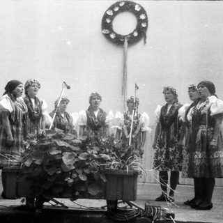 Traditional folk group performing with floral wreaths.