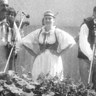 Traditional folk band performing with singer in regional attire.