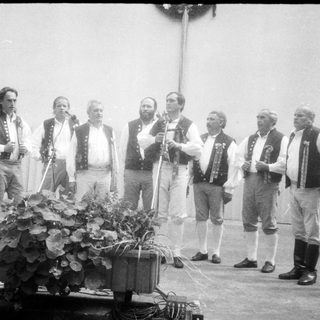 Traditional folk group performing outdoors in traditional attire.