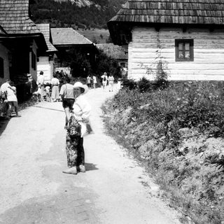 Rural village street with people walking, traditional wooden houses.