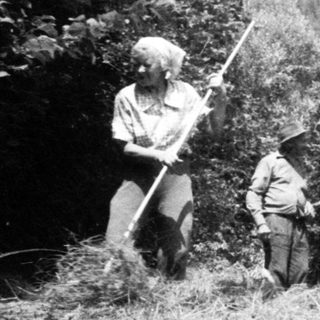 People in rural outdoor setting near simple shelter.