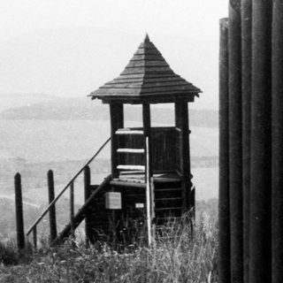 Rustic lookout tower overlooking misty valley.