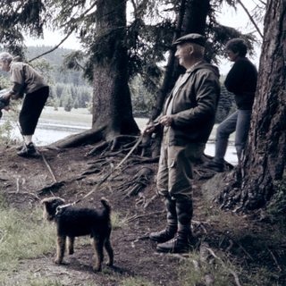 People herding sheep near a lake.