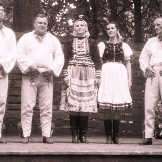 Traditional folk group performing outdoors with accordion and costumes.