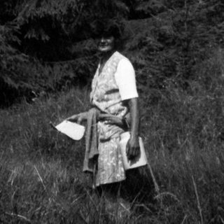Person sitting on hillside among tall evergreen trees.