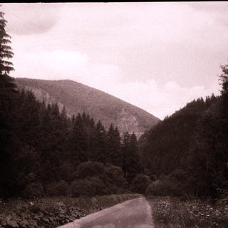 Rural road winding through forested mountainous valley.