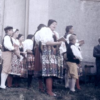 Traditional folk group performing outdoors in cultural attire.