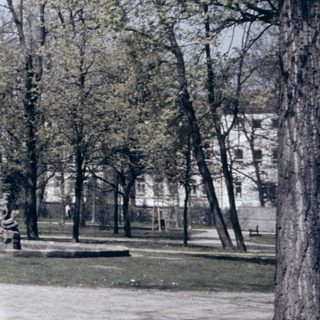 Vintage park scene with bare trees and sparse visitors.