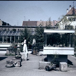 Vintage garden pavilion with potted plants and stone elements.
