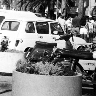 Busy coastal street with parked cars, pedestrians, and palm trees.