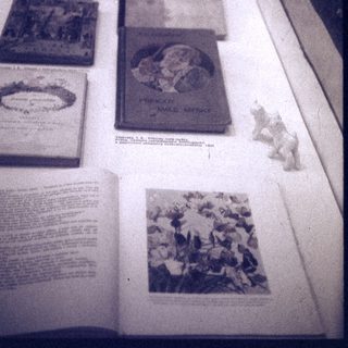 Vintage books and illustrations in museum display.