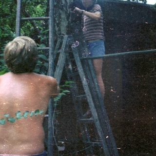 People cleaning or painting a wall outdoors.