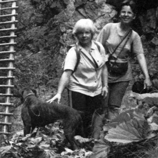 Two hikers near a waterfall with a ladder.