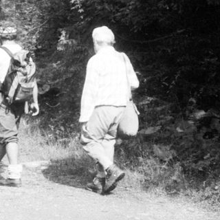 Two hikers walking on a forest trail near a trail sign.