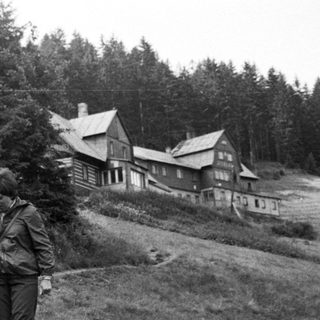 Adult leading child on grassy hillside near forest cabin.