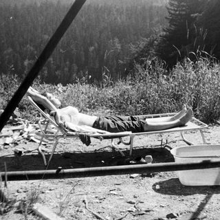 Person relaxing in a deck chair outdoors near forest.