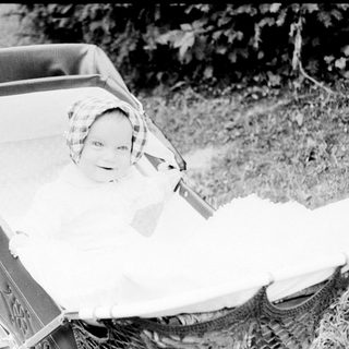 Baby in vintage stroller outdoors.