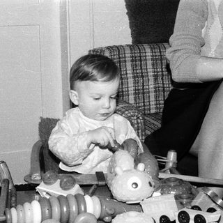 Young child playing with toy animals.
