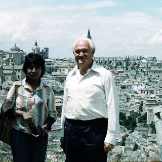 Three people posing together in Toledo, Spain.