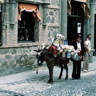 Street vendor with donkey carrying goods in historic town.