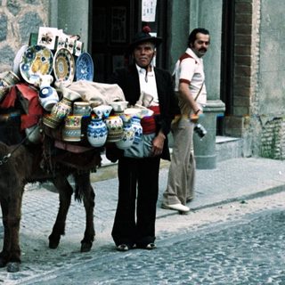 Street vendor with donkey carrying goods in historic town.