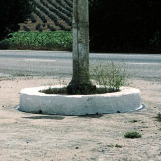 Rural roadside with vintage street lamp and concrete barriers.