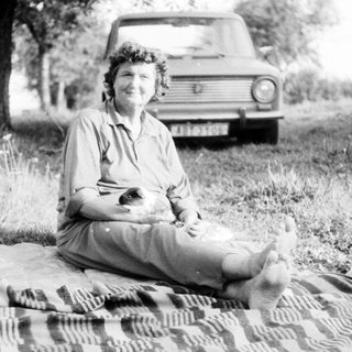 Woman sitting on picnic blanket outdoors with cat.