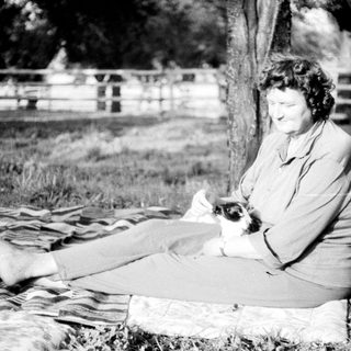 Woman reading outdoors with small dog on blanket.