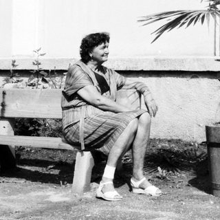 Woman sitting on bench outdoors near potted palm.
