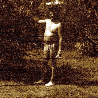 Blurred man shirtless in garden at night.