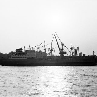 Large cargo ship with cranes on deck.