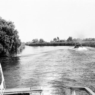 Boat navigating through a wide, shallow river.