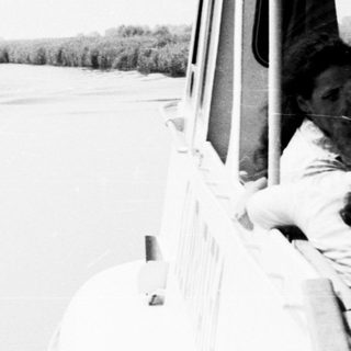 Boat traveling on wide river through dense vegetation.