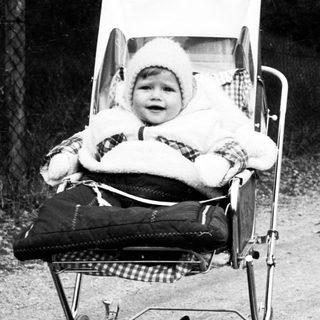 Baby in vintage carriage on rural road.