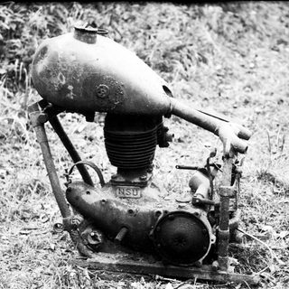 Vintage NSU air-cooled motorcycle engine.