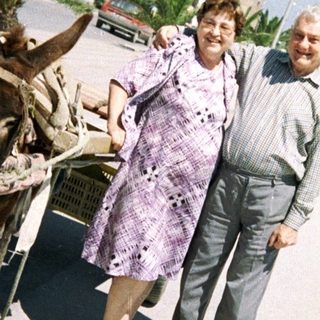 Two people walking beside a donkey cart outdoors.