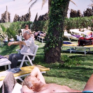 Sunbathing adults at a resort poolside.