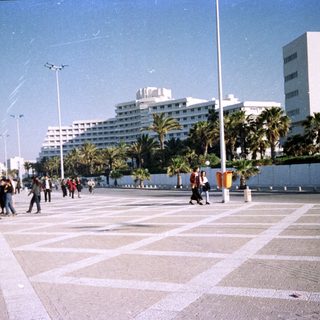 Seaside promenade with palm trees, hotels, and people walking.